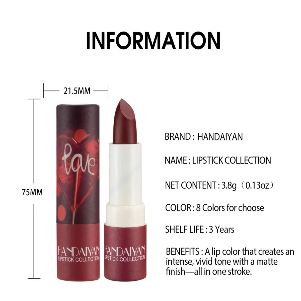 Handaiyan Velvet Matte Lipstick – 8 Colors, Waterproof Matte Lipstick PRIMED