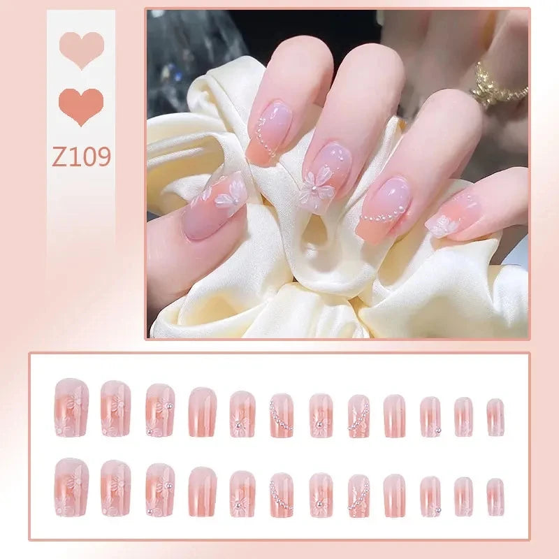 French Press On Nails Set – 24 Short Acrylic Tips with Glue