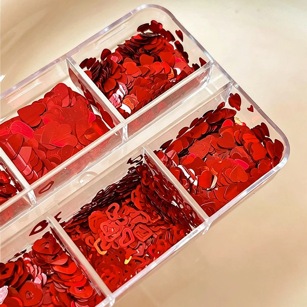 Red Heart Nail Sequins 6-Grid Box – Glitter Flakes Nail Art