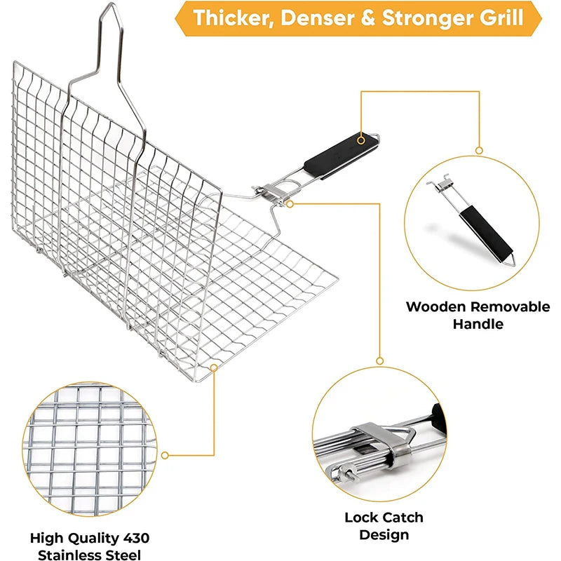 Foldable Stainless Steel BBQ Grill Basket | Fish & Steak BBQ Grill Basket PRIMED