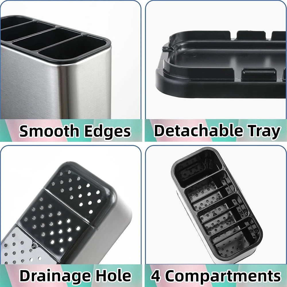 Stainless Steel Silverware Caddy & Utensil Drying Rack 4 Compartments Cutlery Organizer PRIMED