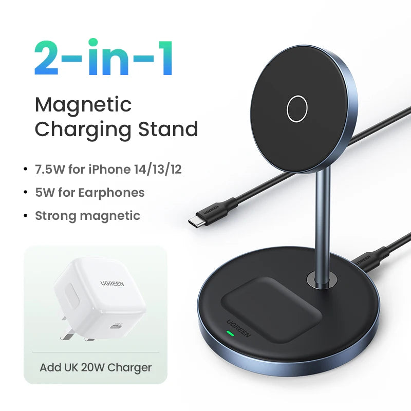 UGREEN 2-in-1 Magnetic Wireless Charging Stand 20W iPhone & AirPods Wireless Charging Stand PRIMED Add UK Charger CN