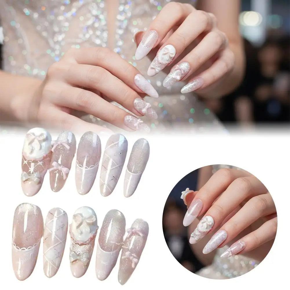Ballet Pink Press-On Nails – Bow, Lace & Glitter Coffin Set