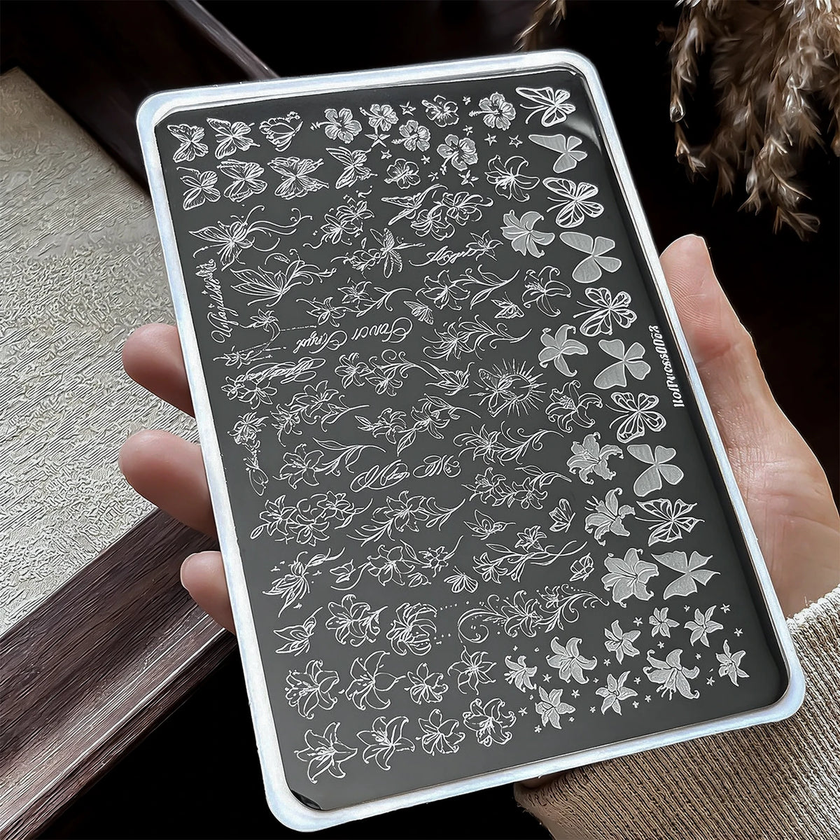 Lily & Butterfly Nail Stamping Plate – Floral Steel Template Nail Stamping Plate PRIMED
