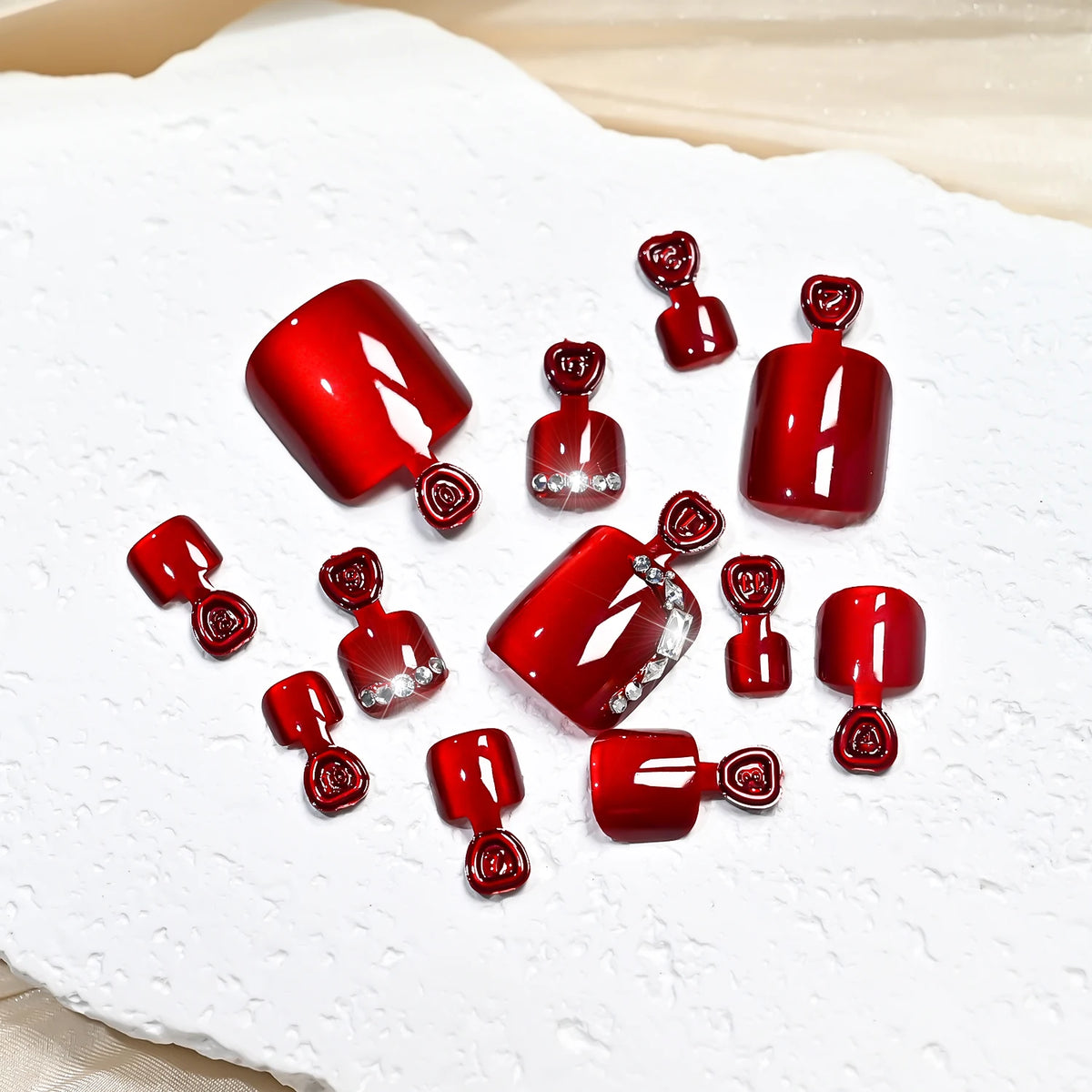 24Pcs Dark Red Cat's Eye Press-On Toenails | Glitter Tips