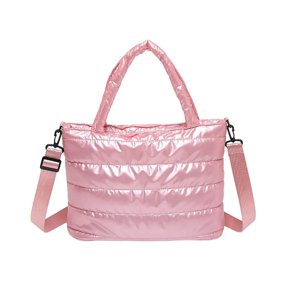 Women's Quilted Puffer Tote Bag – Shiny PU Crossbody Handbag Puffer Tote Bag PRIMED Pink