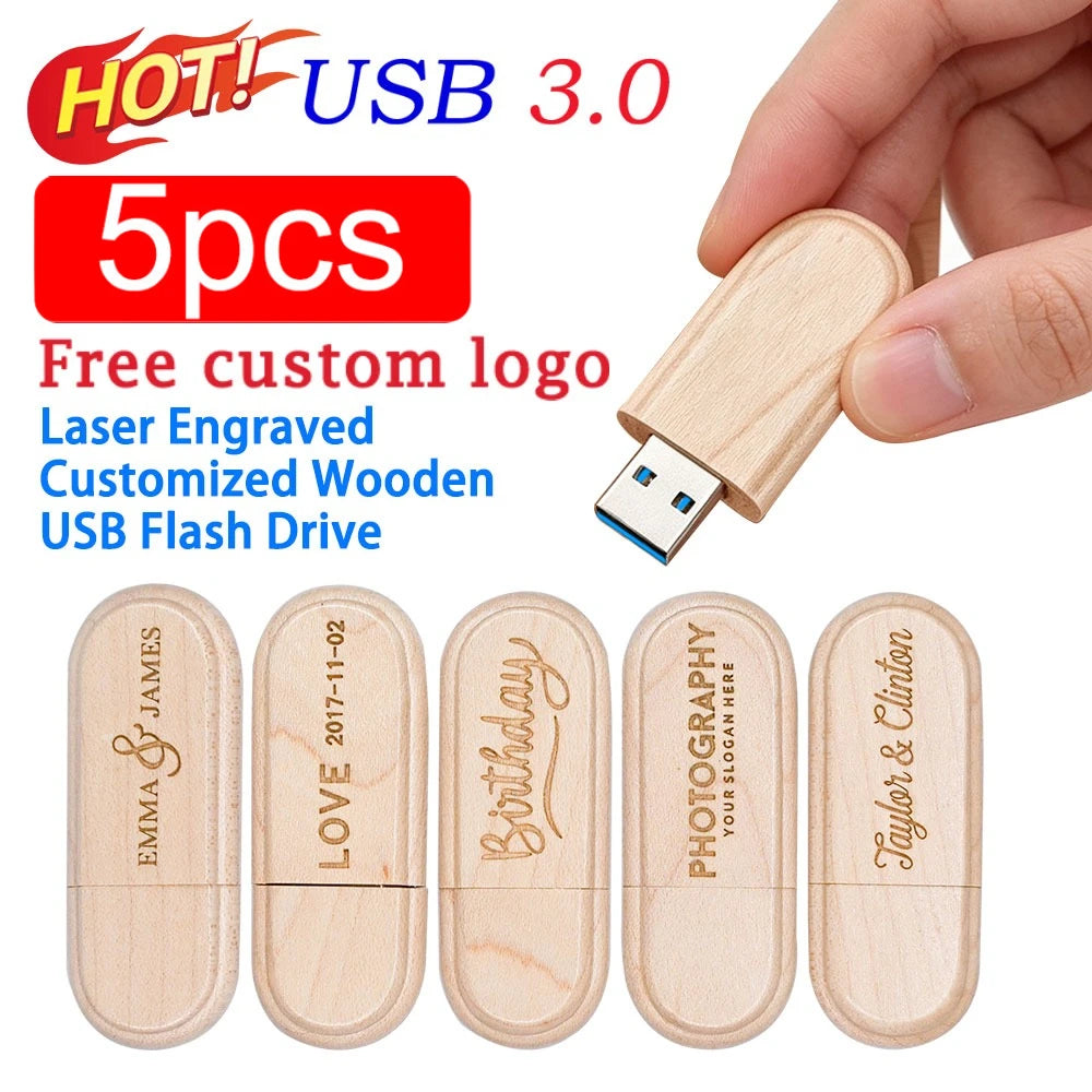 5-Pack Wooden USB 3.0 Flash Drives 4–64GB | Free Custom Logo Wooden USB Flash Drive PRIMED