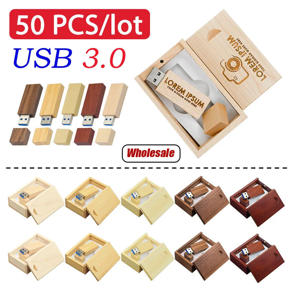 50 Pcs Wooden USB 3.0 Flash Drives Custom Logo 4–128GB Bulk USB Flash Drive PRIMED