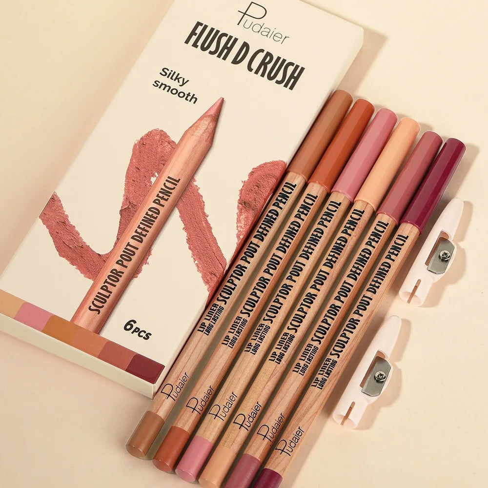 Pudaier Matte Nude Lip Liner Pencil Set – 6 Pcs Waterproof Lip Liner Set PRIMED