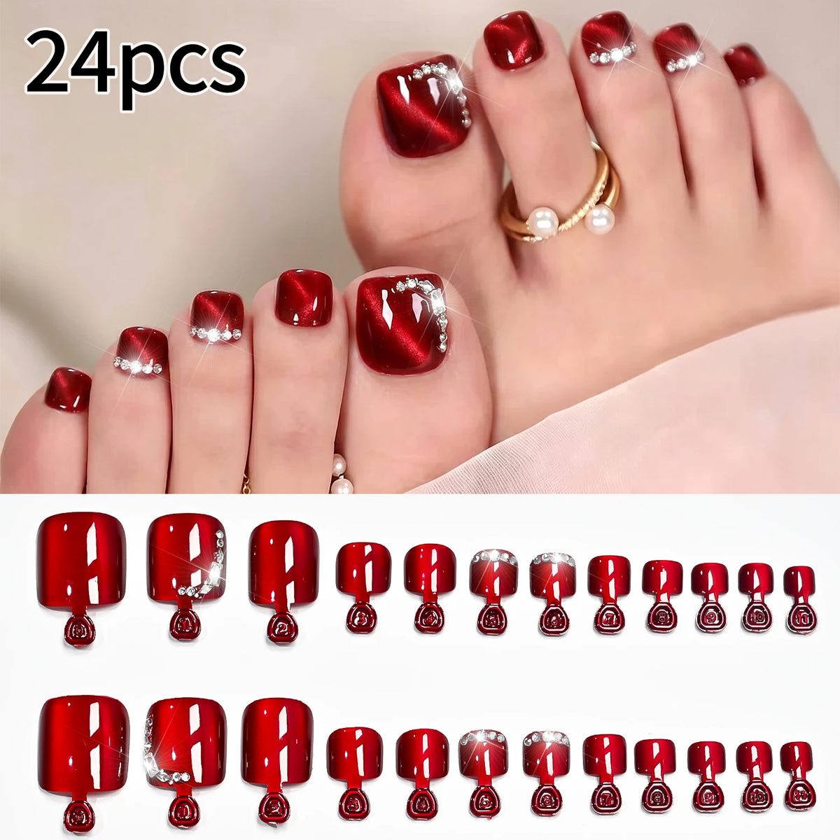 24Pcs Dark Red Cat's Eye Press-On Toenails | Glitter Tips