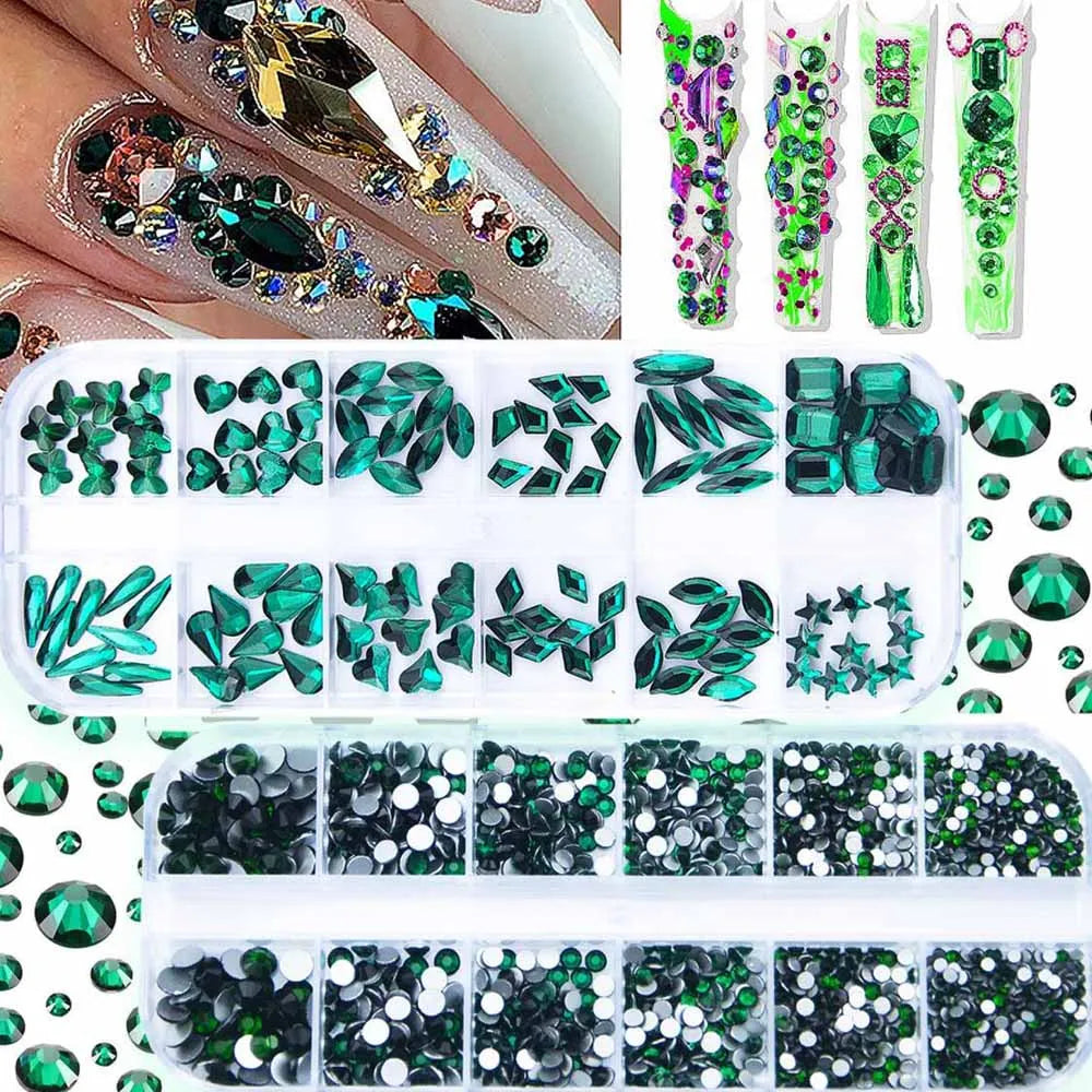 3D Retro Green Nail Rhinestones – 12-Grid Mixed Shapes Set Nail Art Rhinestones PRIMED 07