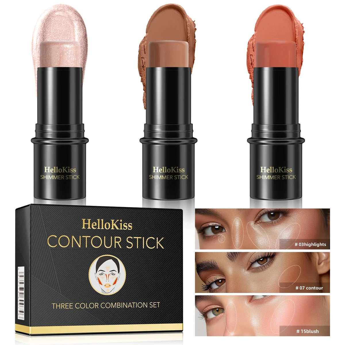 Hello Kiss 3-Piece Concealer Stick Set – Contour Highlight Blush