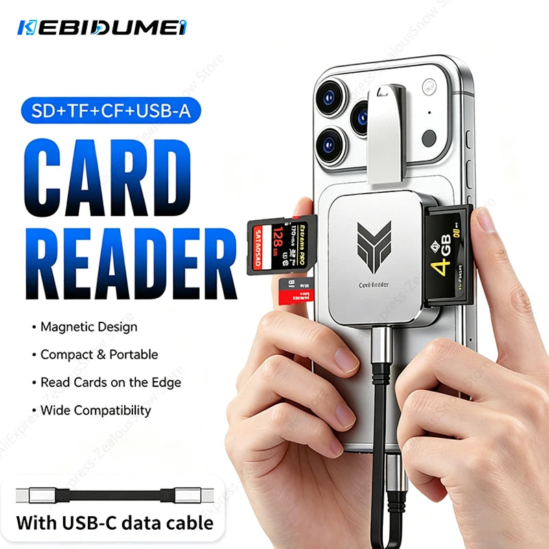 KEBIDUMEI 5Gbps Magnetic 4-in-1 Card Reader USB-C CF SD TF USB-C Card Reader PRIMED