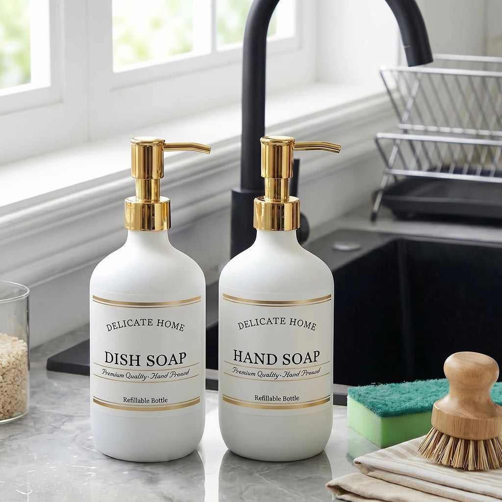 Matte White Soap Dispensers 2-Pack 500ml | Gold Pump Bottles Soap Dispenser Set PRIMED