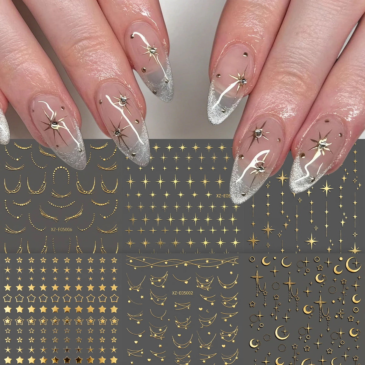 6-Pack Gold Foil Moon Nail Art Stickers – 3D Decals | MAFANAILS