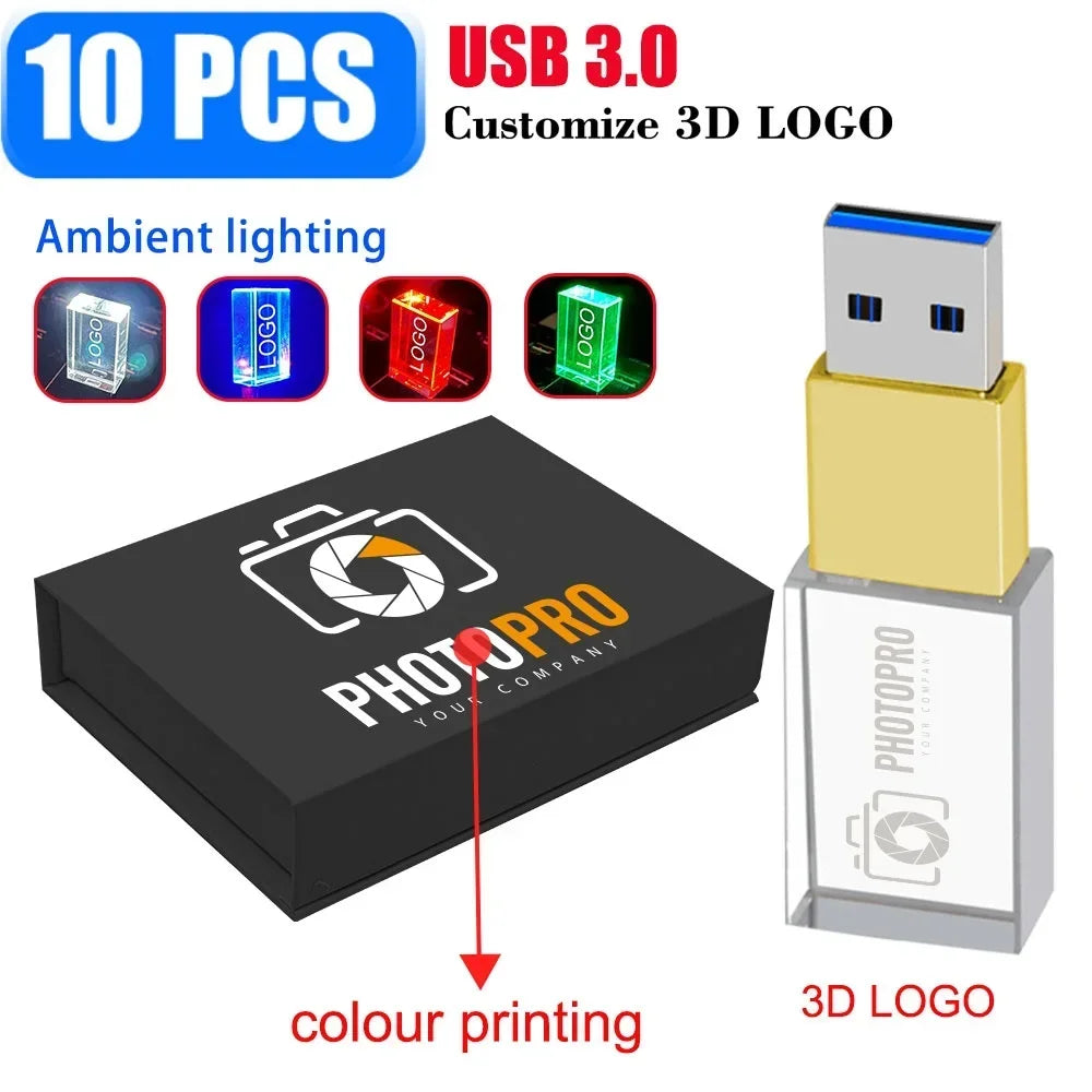 10-Pack Custom Logo Crystal USB 3.0 Flash Drives 8GB–128GB USB Flash Drive PRIMED