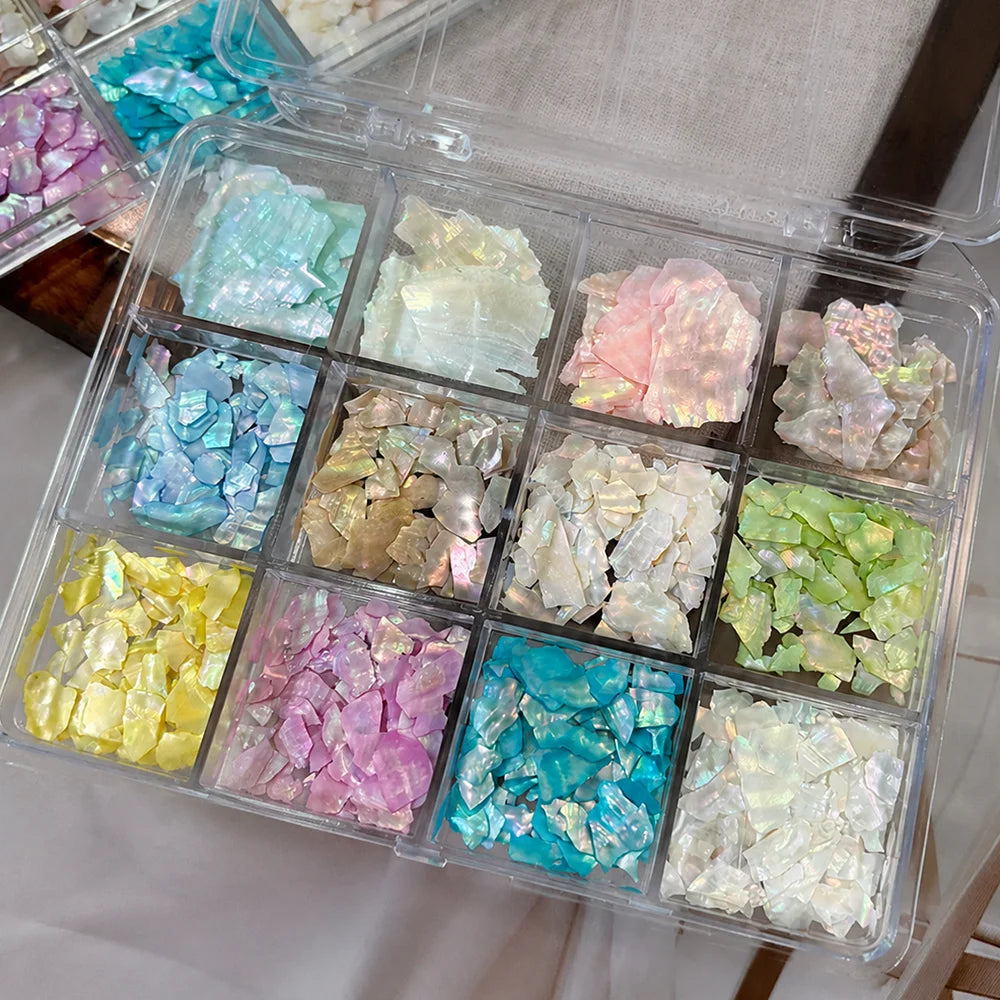 12-Grid Aurora Pearl Shell Nail Art Flakes & Glitter Charms Nail Art Charms PRIMED