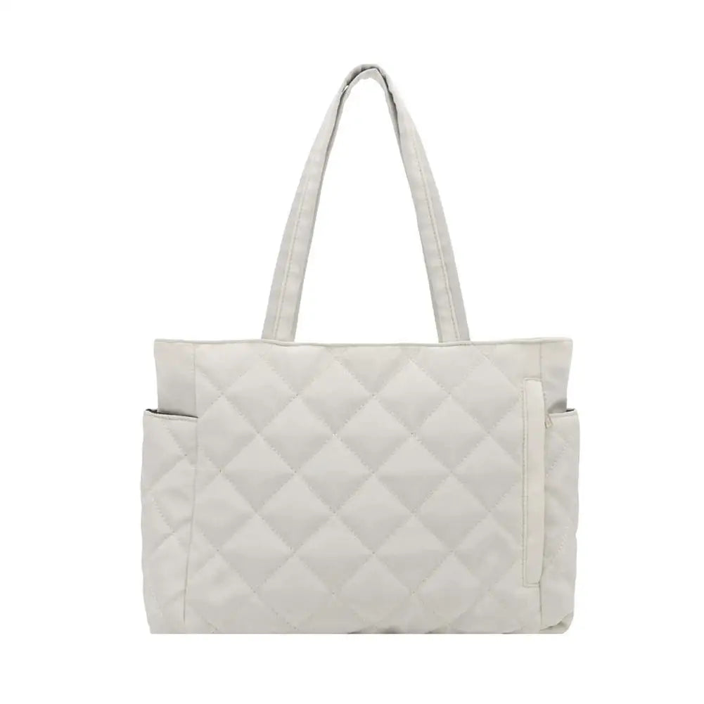 Women's Multi-Pocket Quilted Shoulder Bag | Large Tote Shoulder Tote Bag PRIMED White