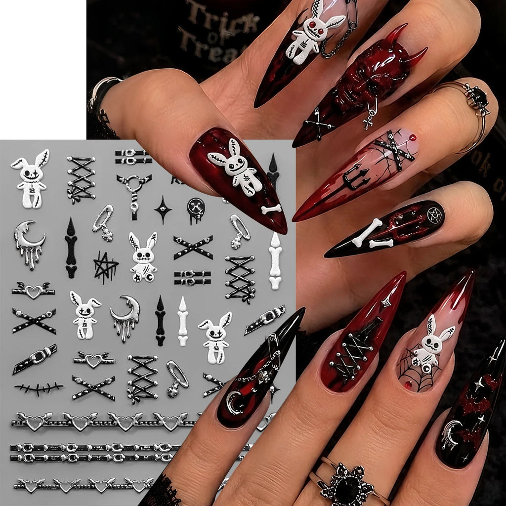 Gothic Punk 3D Nail Stickers – Silver Embossed Halloween Decals Nail Art Stickers PRIMED