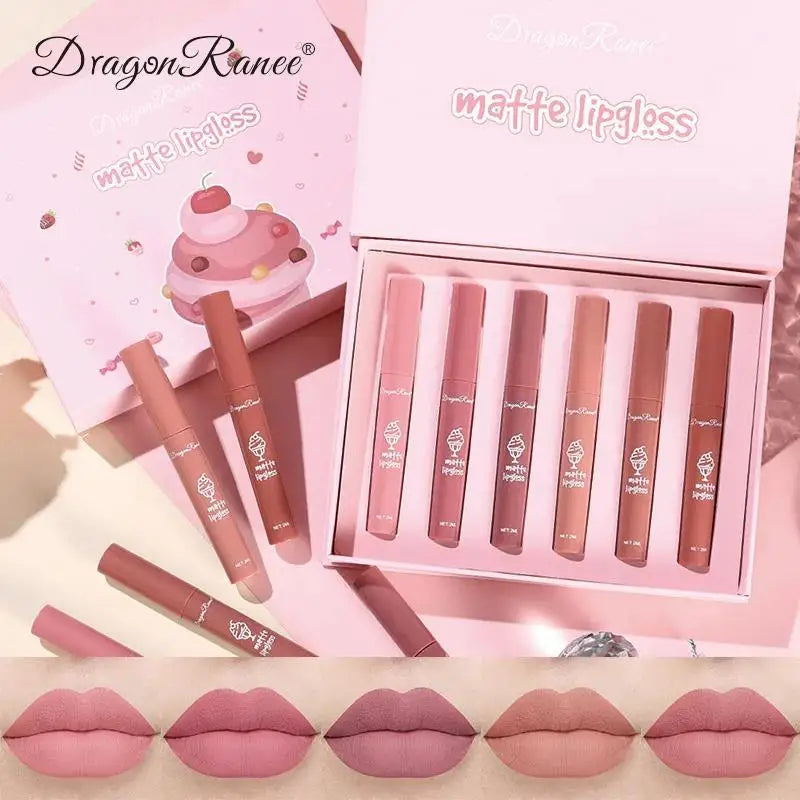 Dragon Ranee 6-Color Velvet Matte Lip Gloss Set | Long-Lasting Matte Lip Gloss Set PRIMED