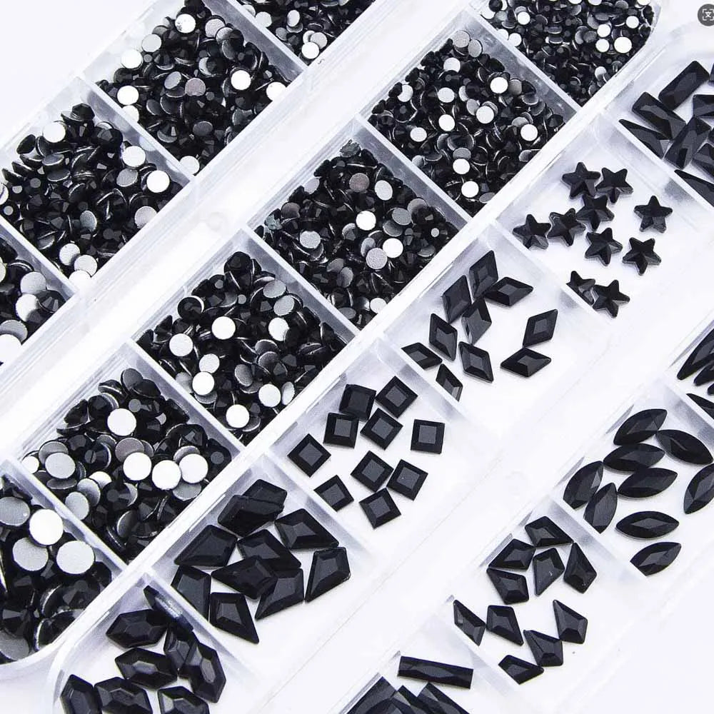 12-Grid 3D Black Nail Rhinestones – Mixed Crystal Shapes Set Nail Art Rhinestones PRIMED