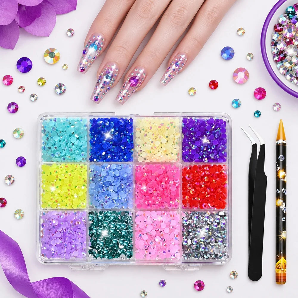 12-Grid Multi-Color Nail Rhinestones Set | Round Acrylic Gems Nail Art Rhinestones PRIMED