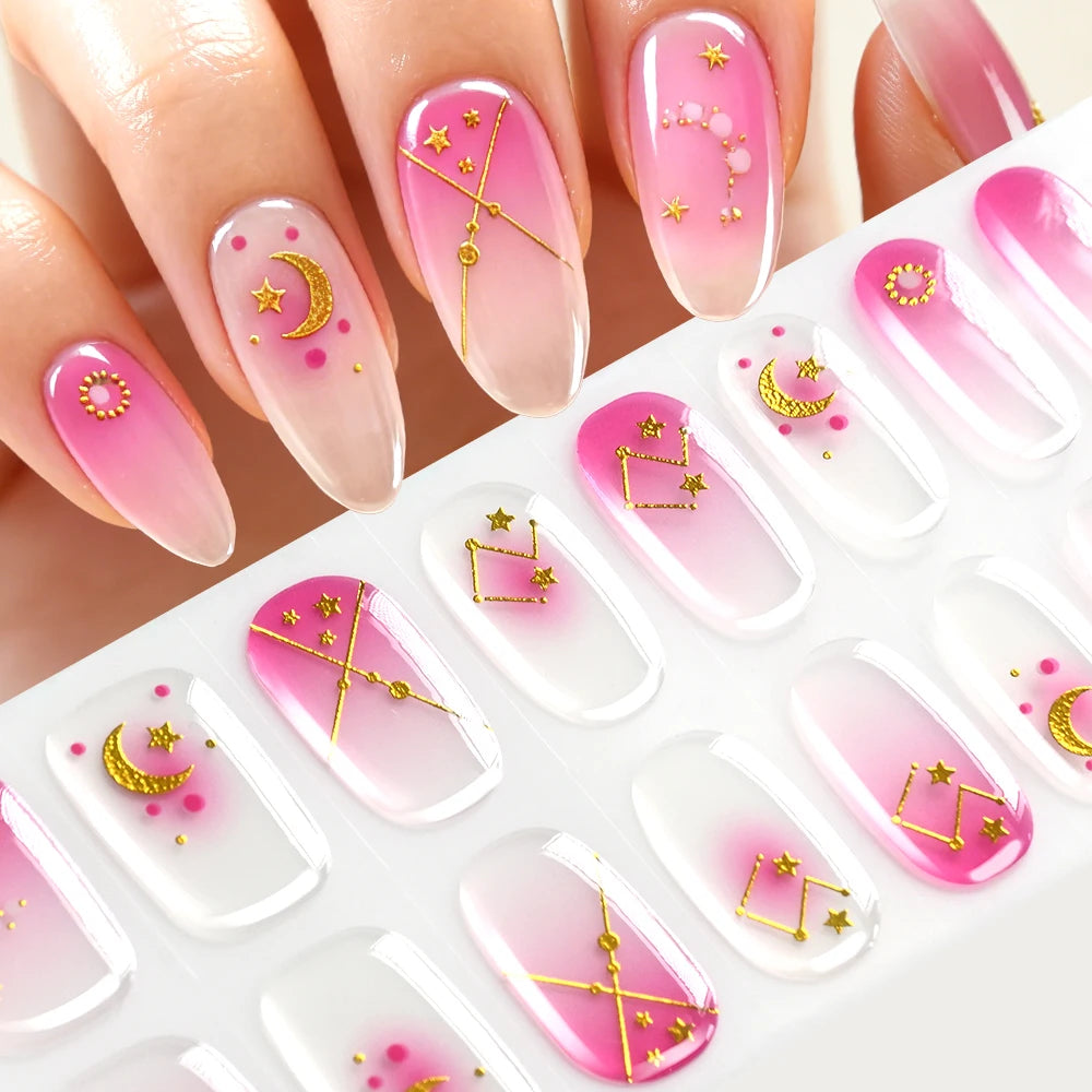 5D Semi-Cured Gel Nail Stickers – Golden Embossed Rabbit Pink Purple Gel Nail Stickers PRIMED 09