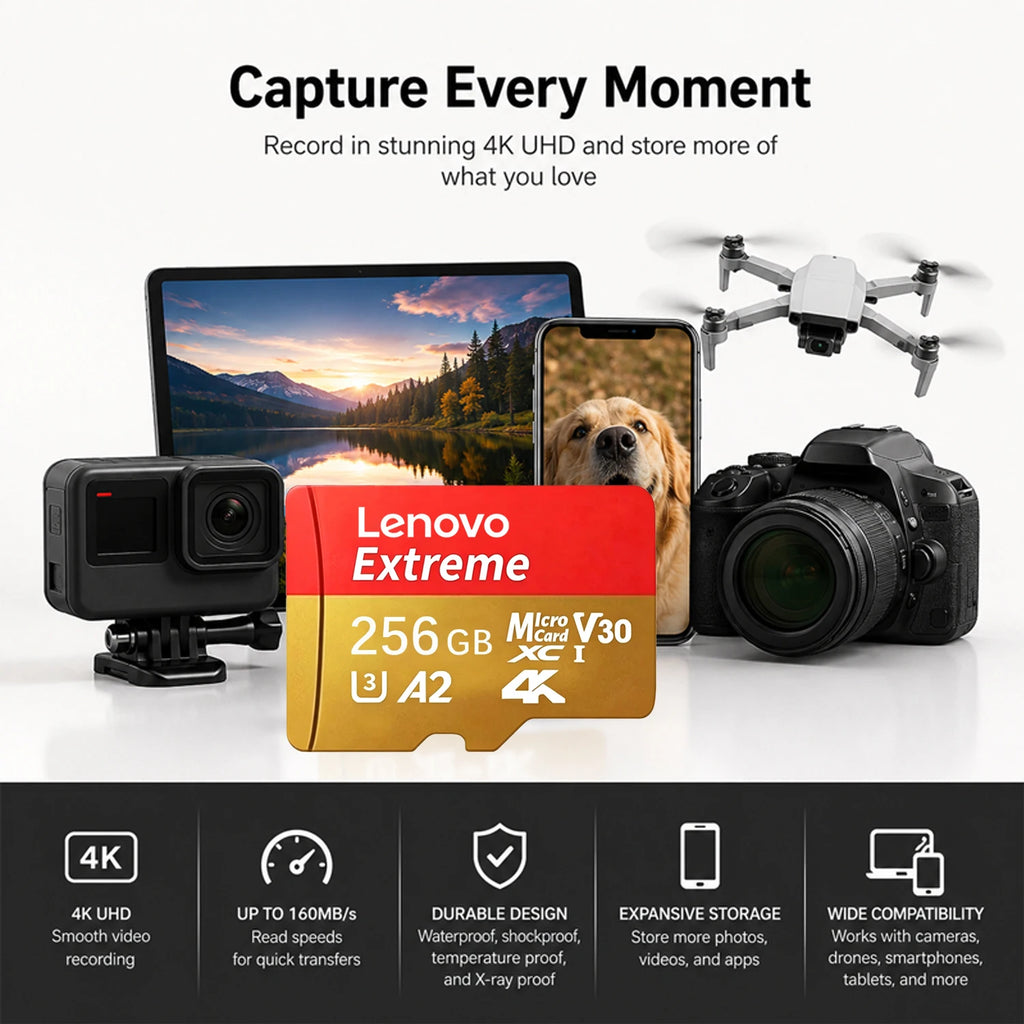 Lenovo Micro SD Card 64GB–512GB Class 10 U3 V30 A2 Flash Micro SD Card PRIMED