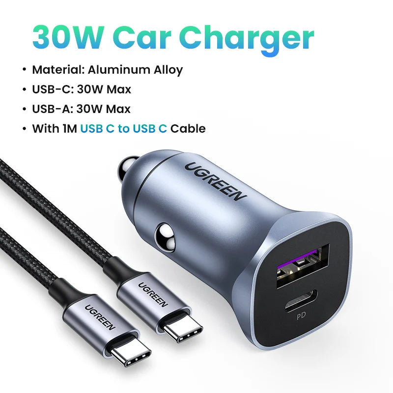 UGREEN 30W Dual Port Car Charger QC 4.0 USB-C Fast Charging Car Charger PRIMED Add 1M USB C Cable Russian Federation