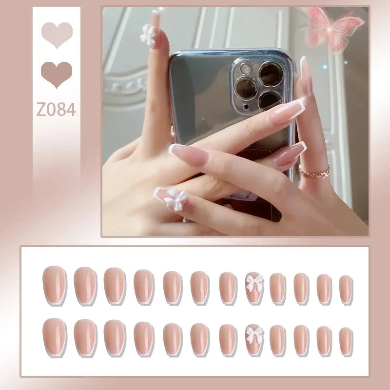 French Press On Nails Set – 24 Short Acrylic Tips with Glue