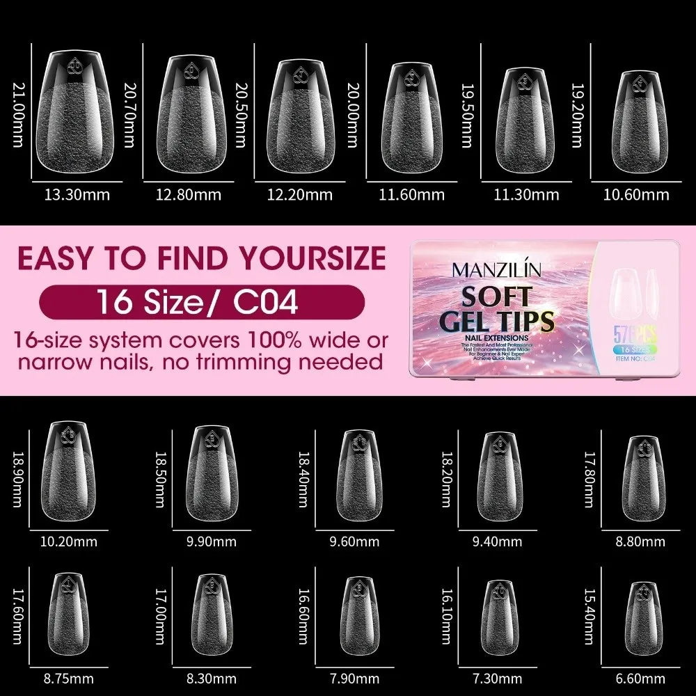 576Pcs Clear Press On Nail Tips | 16 Sizes Full Cover DIY Kit