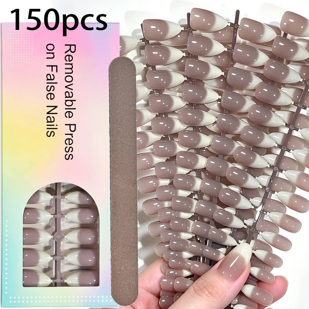 150Pcs Gradient Pink Almond Press On Nails | French White Edge