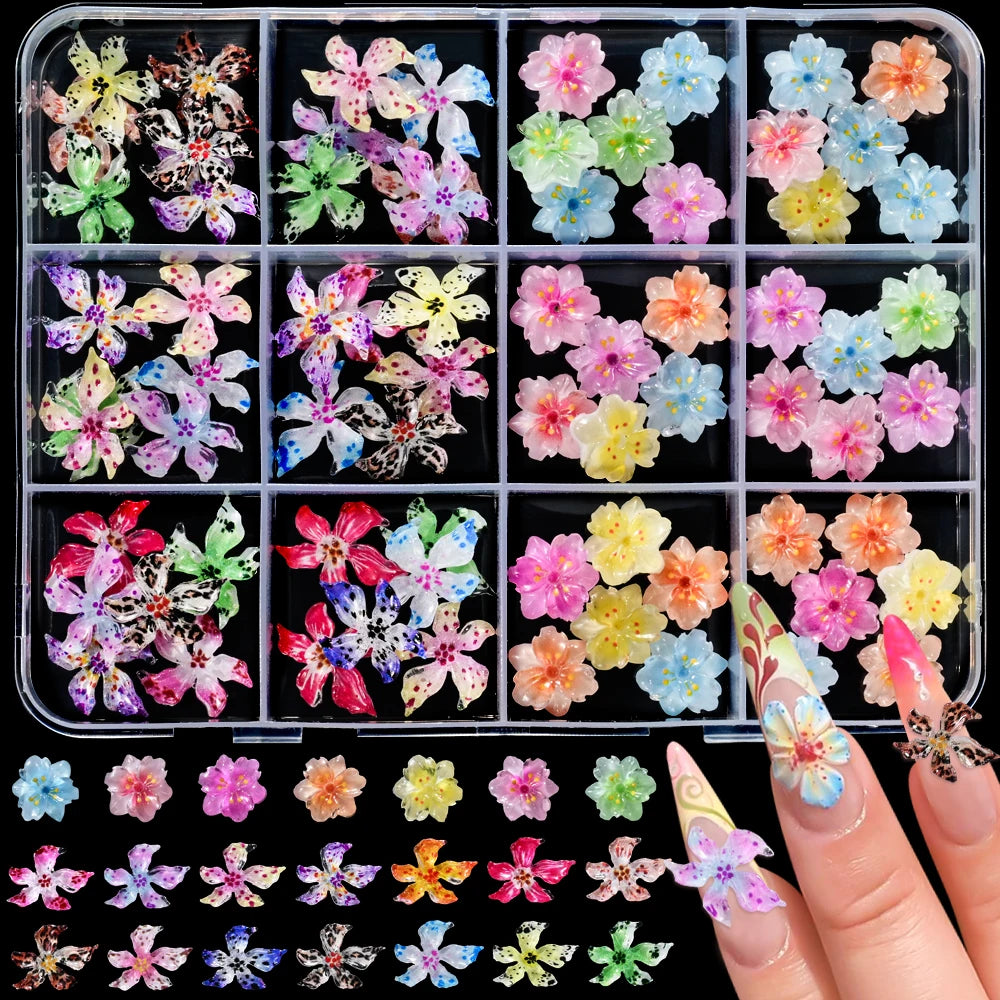72Pcs 3D Flower Nail Charms – Sakura, Lily & Leopard Mix Nail Art Charms PRIMED