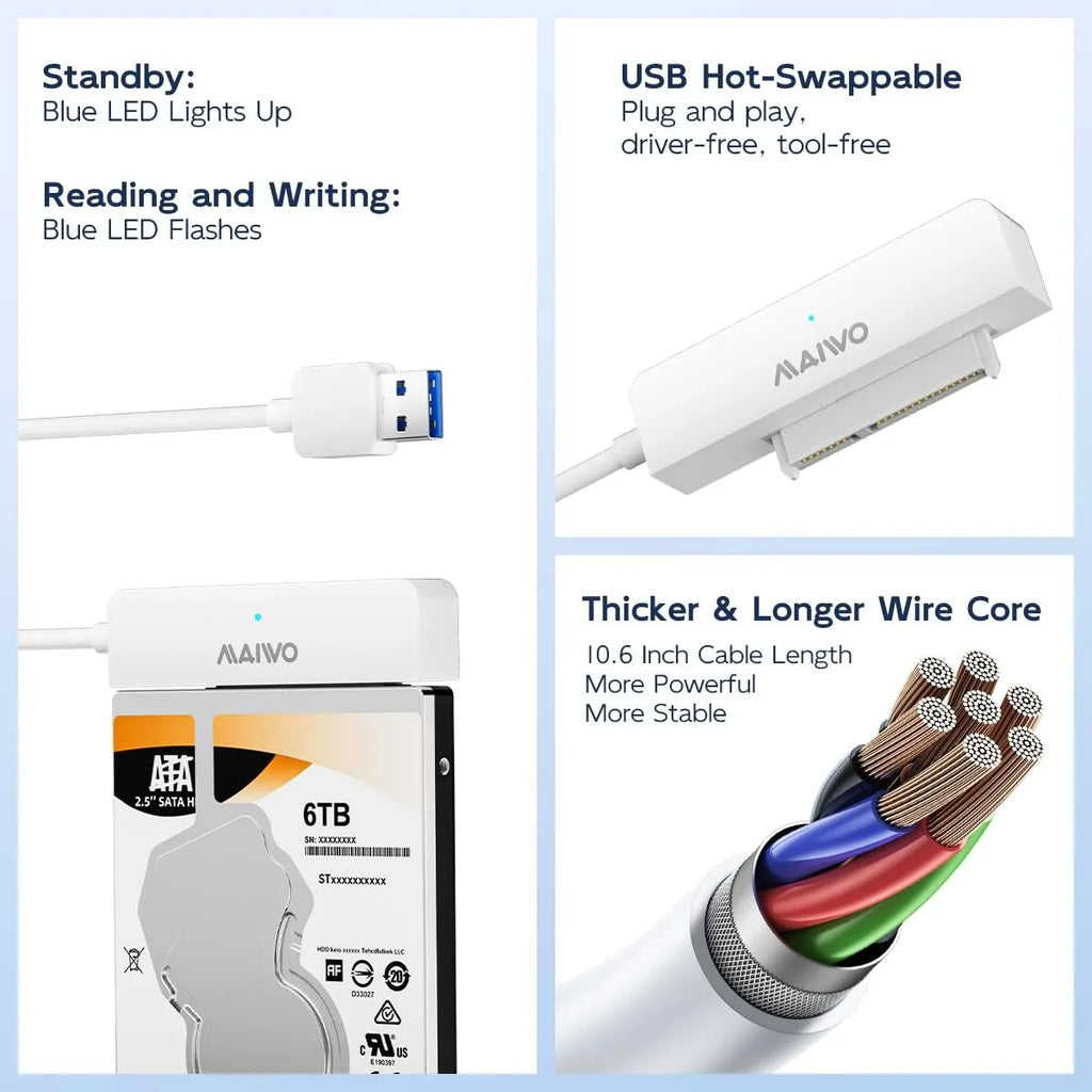 MAIWO SATA to USB 3.0 Cable for 2.5" HDD & SSD | 8TB SATA USB Adapter PRIMED