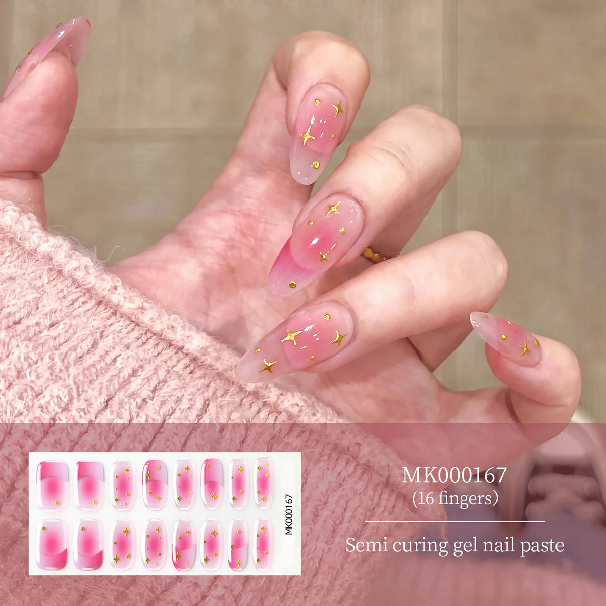Pink Lotus Semi Cured Gel Nail Strips – Gold Foil 16 Tips