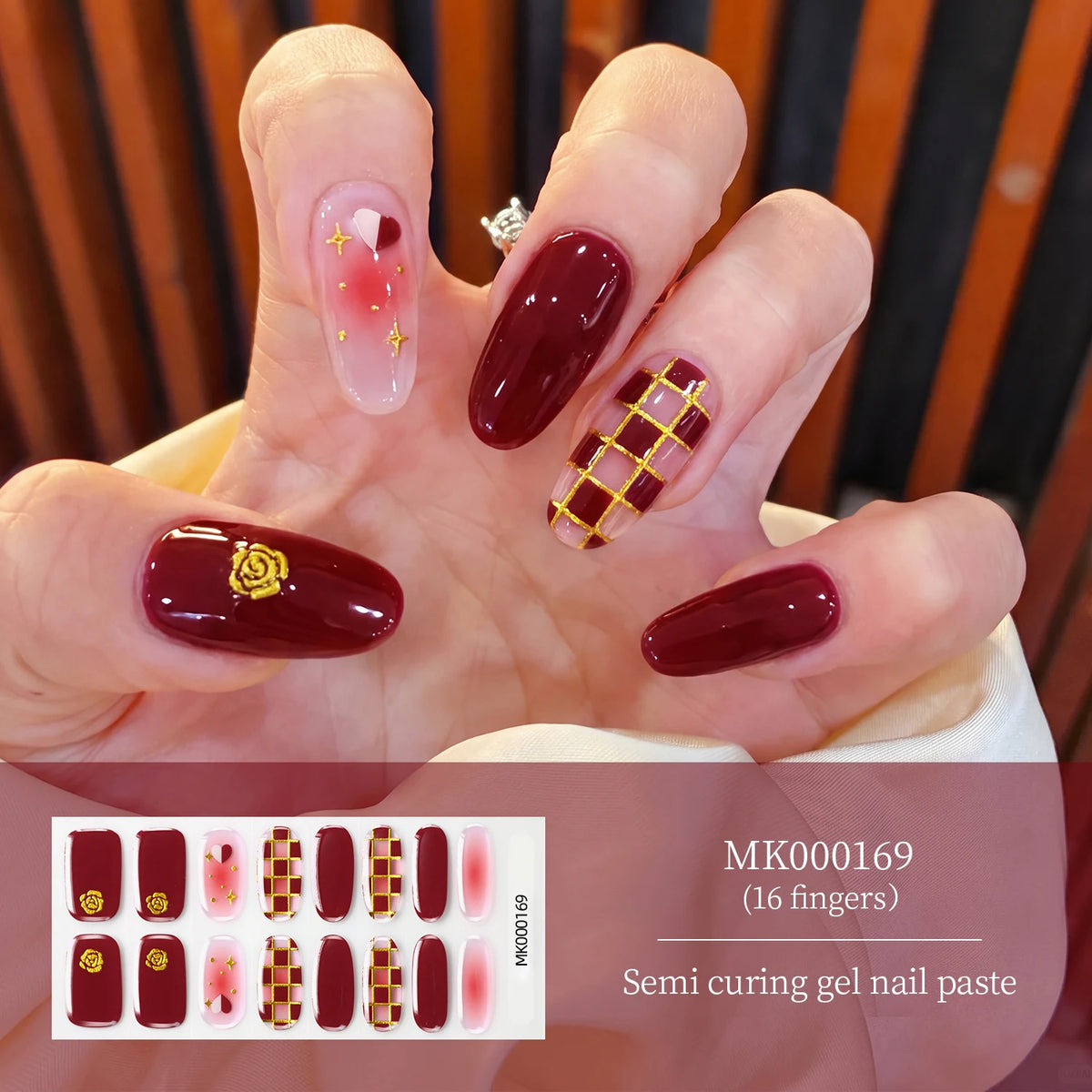 Pink Lotus Semi Cured Gel Nail Strips – Gold Foil 16 Tips