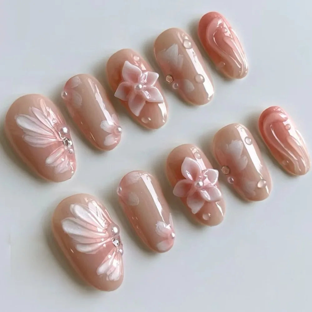 Long Almond Press On Nails – French Aurora Gilding Flower Tips