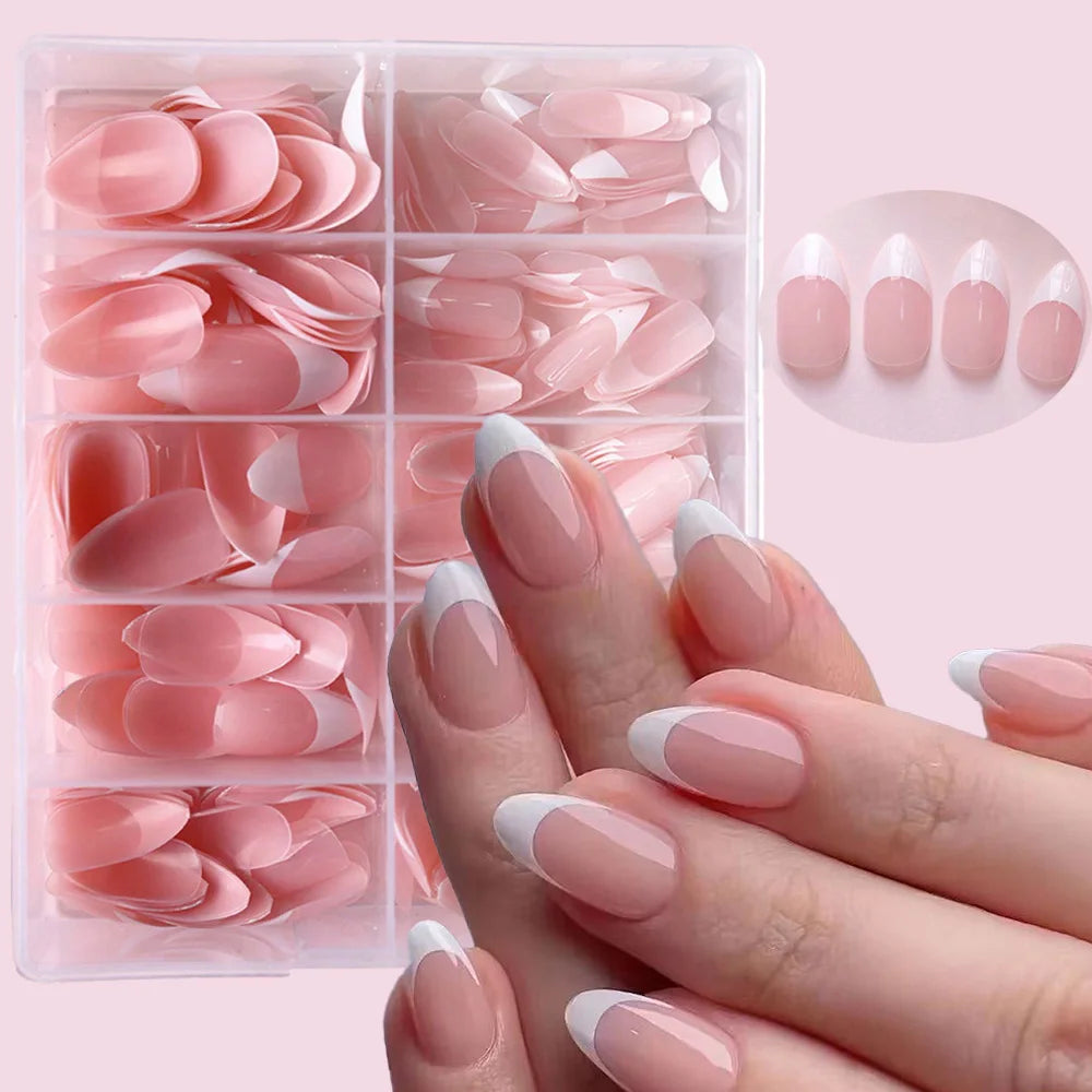 360-Piece Glossy Press On Nails – Pink French Almond Tips Box