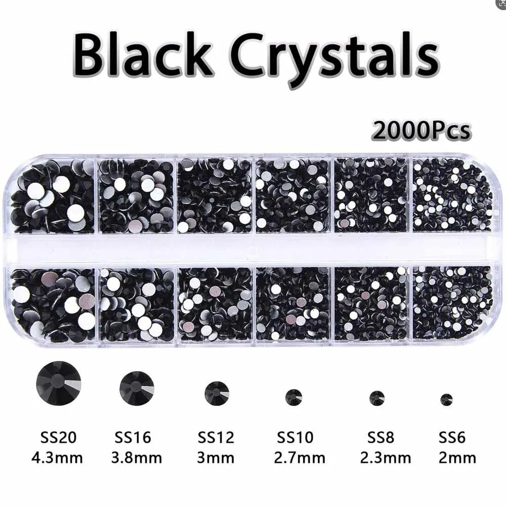 12-Grid 3D Black Nail Rhinestones – Mixed Crystal Shapes Set Nail Art Rhinestones PRIMED