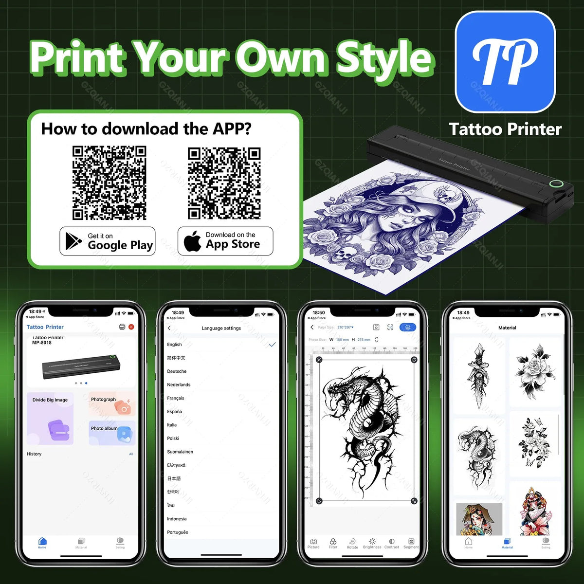 A4 Bluetooth Tattoo Stencil Thermal Printer 203DPI – GZQIANJI Tattoo Stencil Printer PRIMED