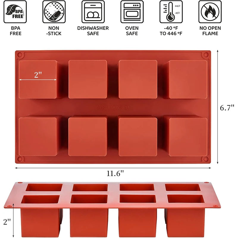 8-Cavity Silicone Cube Cake Mold – Mousse, Brownie & Chocolate Silicone Baking Mold PRIMED
