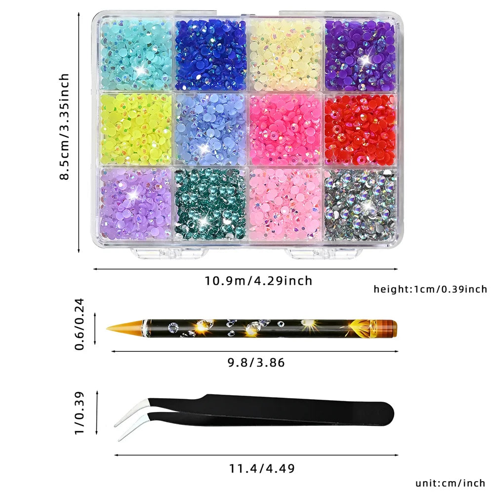 12-Grid Multi-Color Nail Rhinestones Set | Round Acrylic Gems Nail Art Rhinestones PRIMED