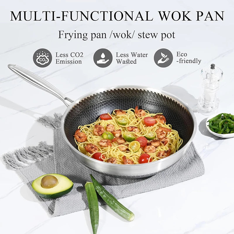 LMETJMA 28cm Hybrid Nonstick Wok Pan | 316 Stainless Steel Lid Nonstick Wok Pan PRIMED