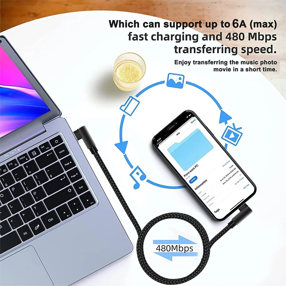 90° USB-C to USB-C Cable 60W PD Fast Charging Data Cord USB-C Charging Cable PRIMED