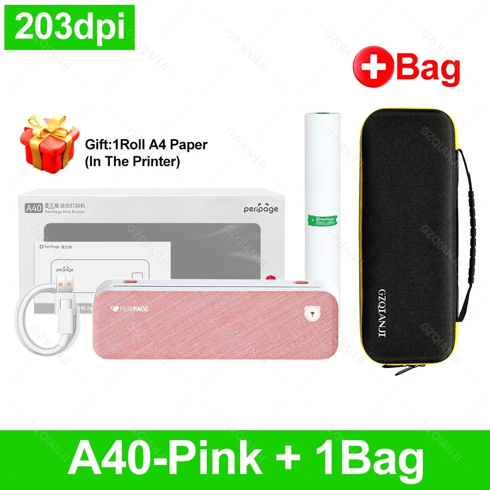 PeriPage A40 Portable A4 Bluetooth Thermal Printer + Case Portable Thermal Printer PRIMED 203Pink Add 1Bag