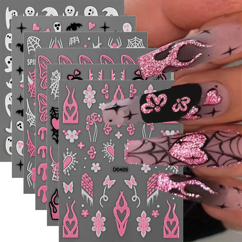 Pink Glitter Spider Web Nail Stickers 6-Sheet Halloween Decals