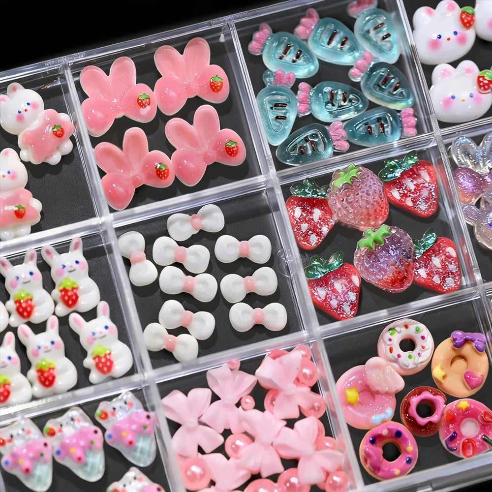 12-Grid 3D Nail Charms – Crystal Rabbit, Bow & Fruit Set Nail Art Charms PRIMED
