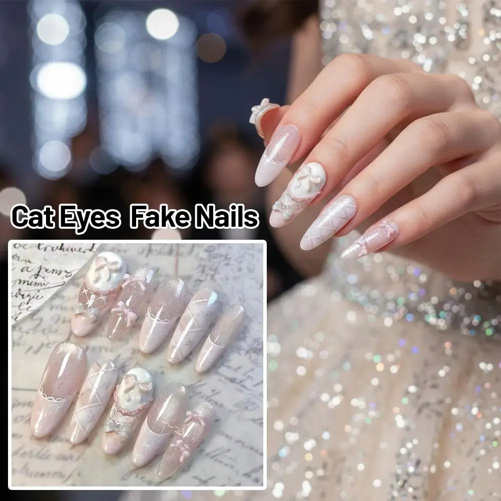 Ballet Pink Press-On Nails – Bow, Lace & Glitter Coffin Set