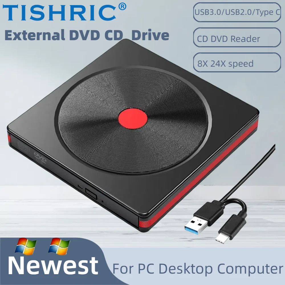 TISHRIC USB External DVD/CD Drive – USB 3.0 & Type-C External Optical Drive PRIMED