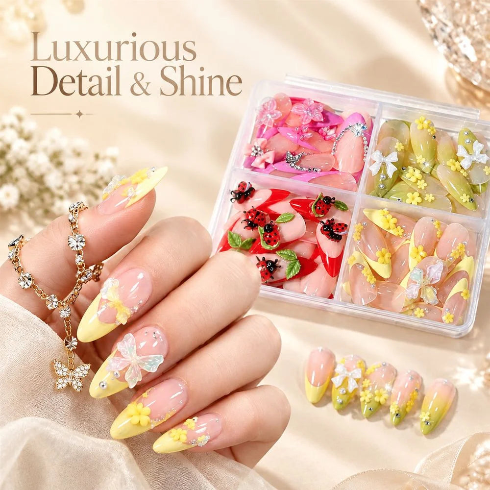 96Pcs Resin Nail Charms Set – Mixed Shapes 12-Grid Storage Case Nail Art Charms PRIMED